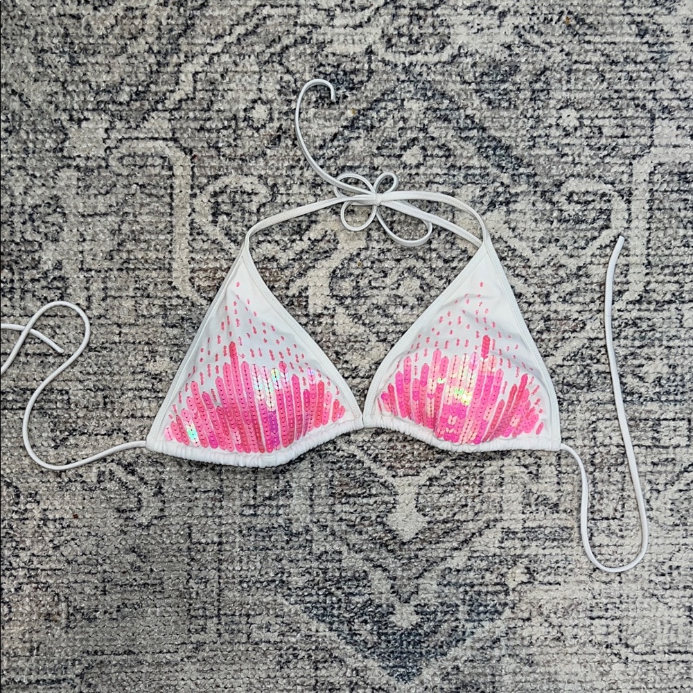 VS White and Pink Sequin Bikini Top